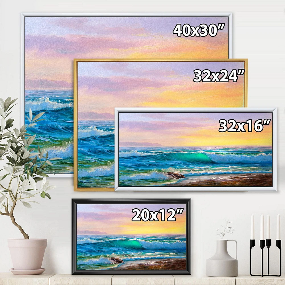 Designart Blue Waves Breaking At The Beach IV FLOAT FRAME WALL ART