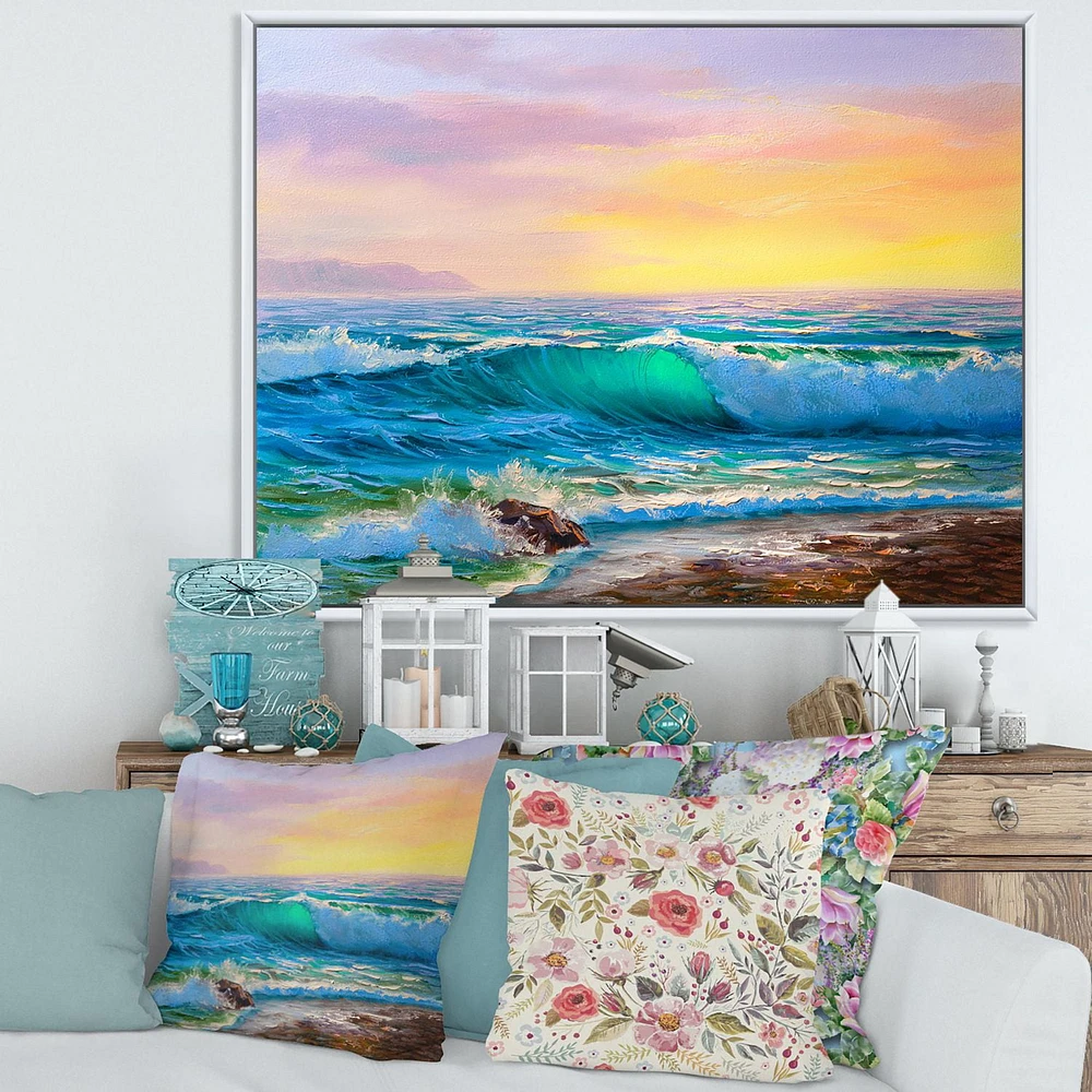 Designart Blue Waves Breaking At The Beach IV FLOAT FRAME WALL ART