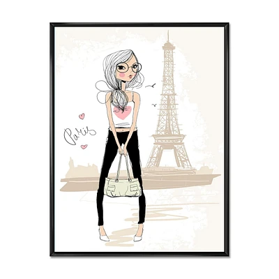 Designart Cute Girl By The Tour Eiffel In Paris FLOAT FRAME WALL ART