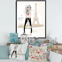 Designart Cute Girl By The Tour Eiffel In Paris FLOAT FRAME WALL ART