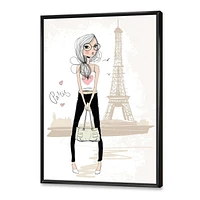 Designart Cute Girl By The Tour Eiffel In Paris FLOAT FRAME WALL ART