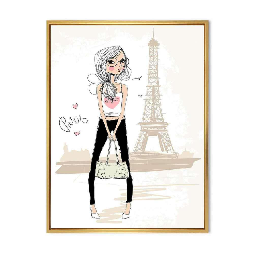 Designart Cute Girl By The Tour Eiffel In Paris FLOAT FRAME WALL ART