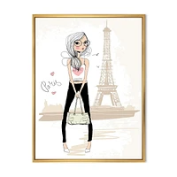 Designart Cute Girl By The Tour Eiffel In Paris FLOAT FRAME WALL ART