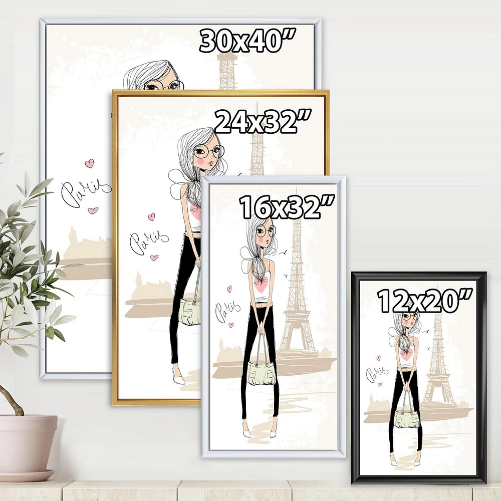 Designart Cute Girl By The Tour Eiffel In Paris FLOAT FRAME WALL ART