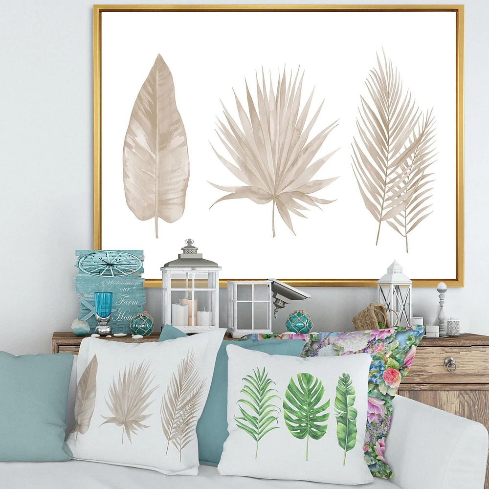 Designart Tropical Beiges Leaves FLOAT FRAME WALL ART