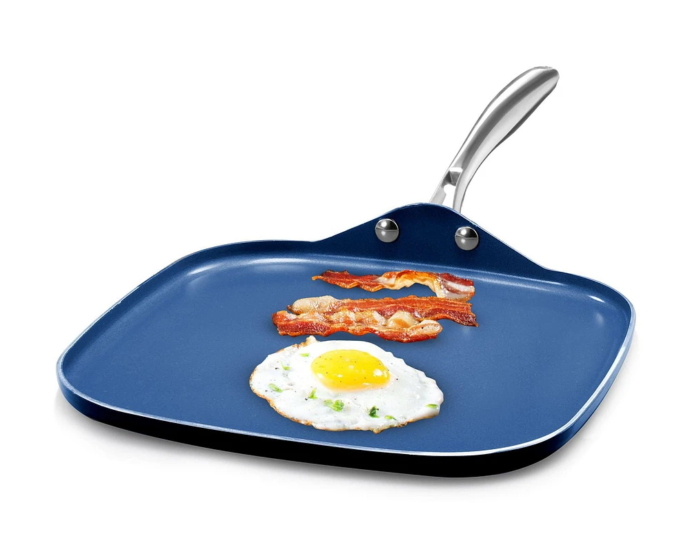 GraniteStone Blue Nonstick 10.5” Griddle Pan/Flat Grill with Ultra Durable Mineral and Diamond Triple Coated Surface, Stay Cool Stainless-Steel Handle, Oven & Dishwasher Safe, 100% PFOA Free