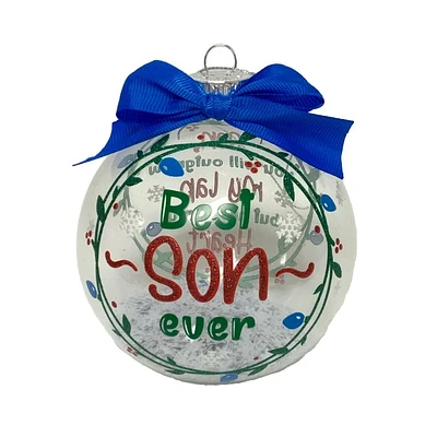 Holiday Time "Son"Blue & Clear Glass Ball Christmas Collectible Ornament