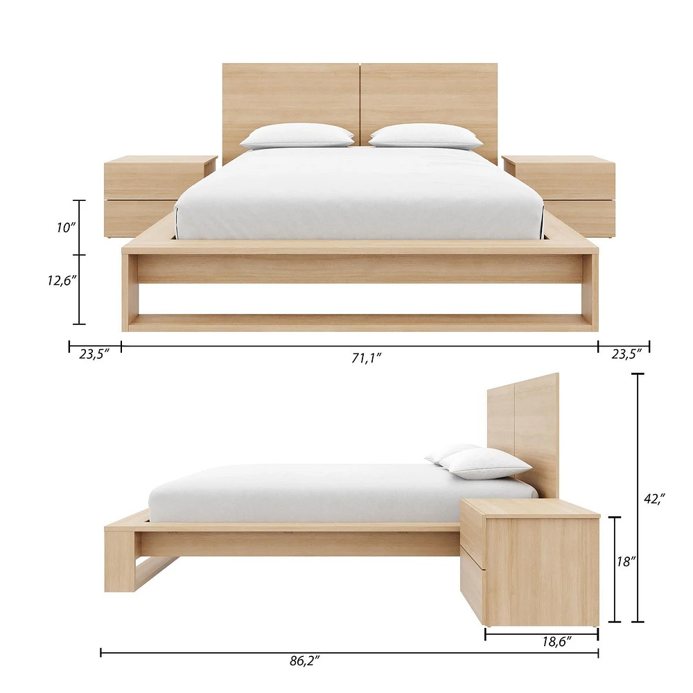 Ensemble de chambre à coucher Birkin 4 pièces avec tête de lit, sommier à lattes et 2 tables de chevet