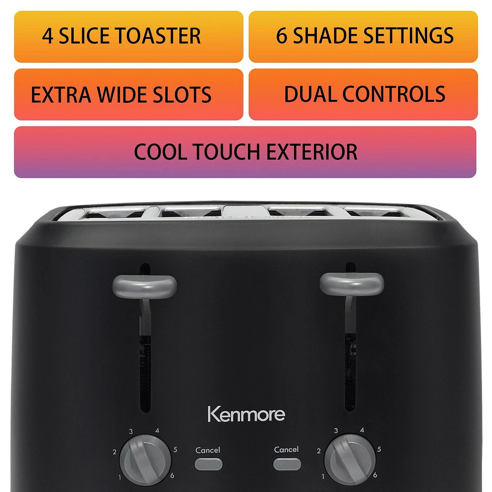 Kenmore® 4-Slice Toaster Stelel, Dual Controls, Matte Black and Gray