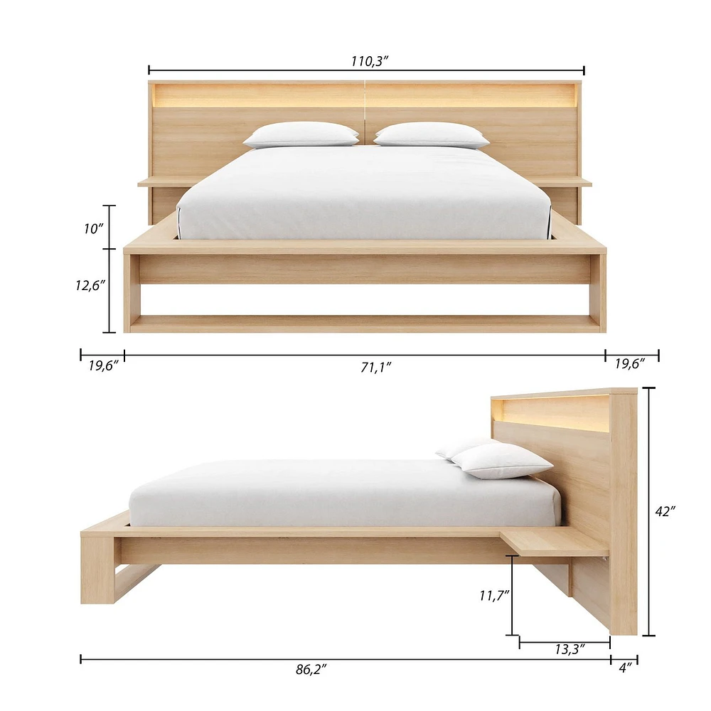 Lido Queen Size Bedroom Set with Slatted Bedframe, Wide Headboard with Lights and Shelves