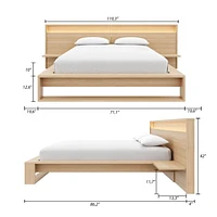 Lido Queen Size Bedroom Set with Slatted Bedframe, Wide Headboard with Lights and Shelves