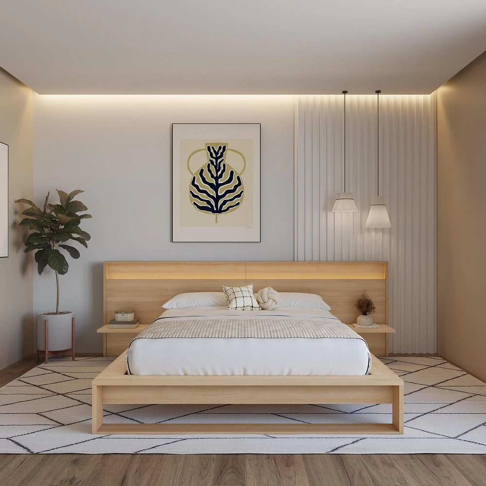 Lido Queen Size Bedroom Set with Slatted Bedframe, Wide Headboard with Lights and Shelves