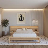 Lido Queen Size Bedroom Set with Slatted Bedframe, Wide Headboard with Lights and Shelves