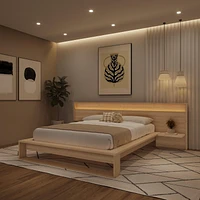 Lido Queen Size Bedroom Set with Slatted Bedframe, Wide Headboard with Lights and Shelves