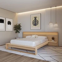 Lido Queen Size Bedroom Set with Slatted Bedframe, Wide Headboard with Lights and Shelves