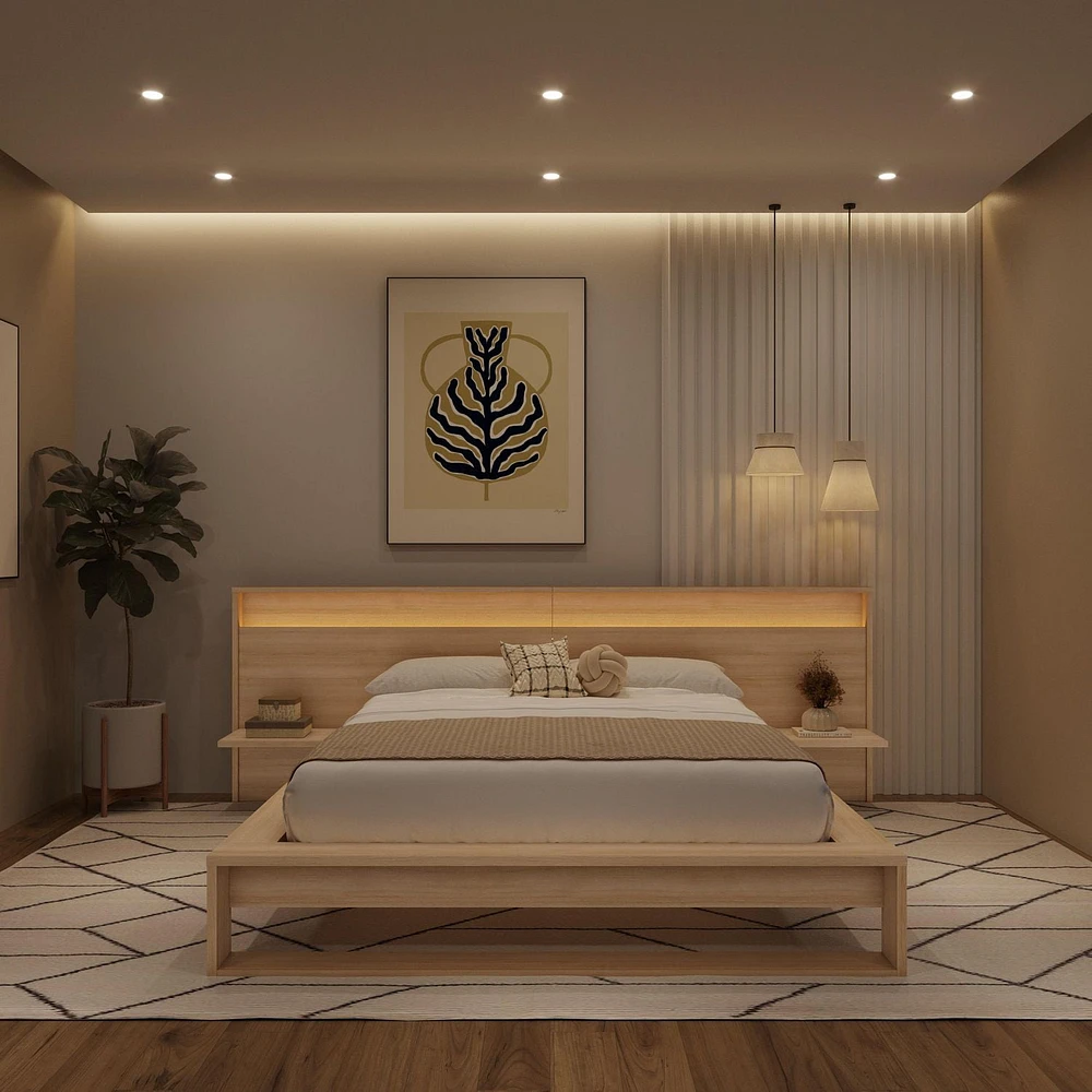 Lido Queen Size Bedroom Set with Slatted Bedframe, Wide Headboard with Lights and Shelves