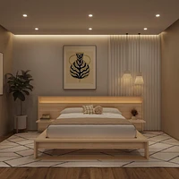 Lido Queen Size Bedroom Set with Slatted Bedframe, Wide Headboard with Lights and Shelves