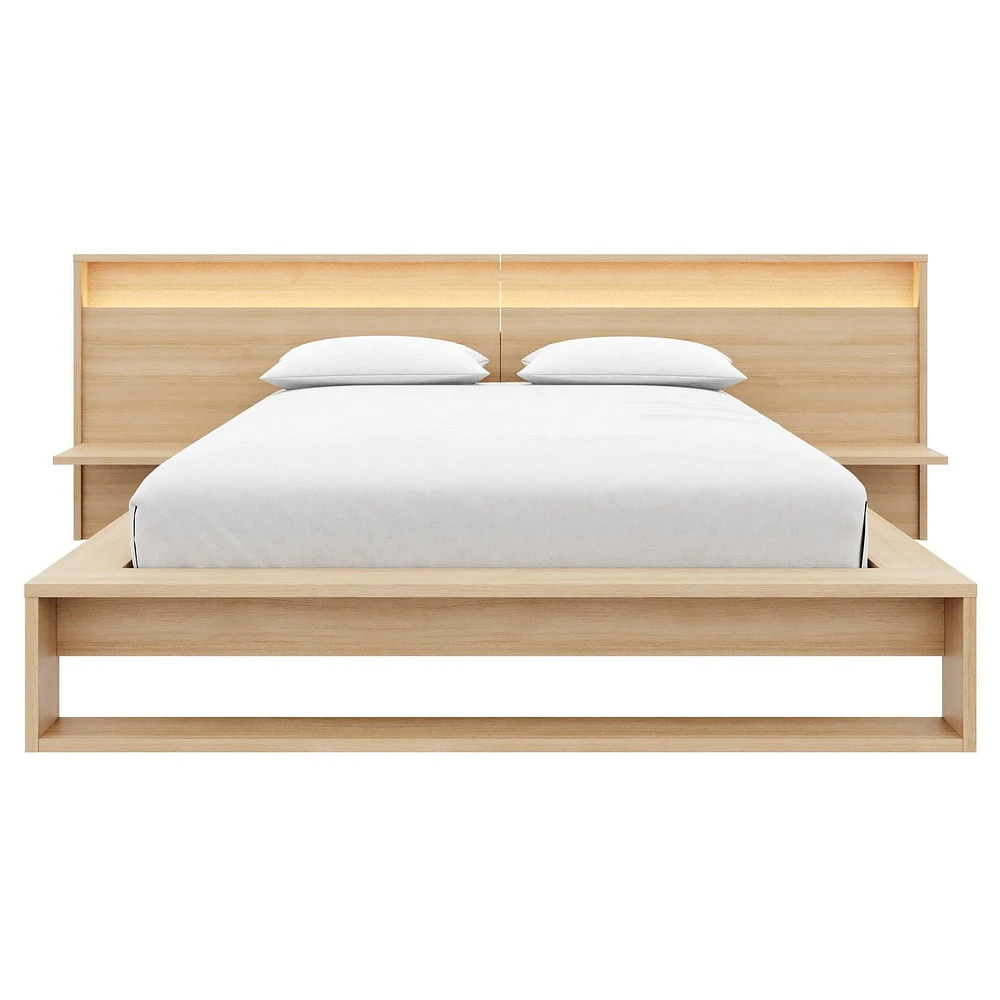 Lido Queen Size Bedroom Set with Slatted Bedframe, Wide Headboard with Lights and Shelves