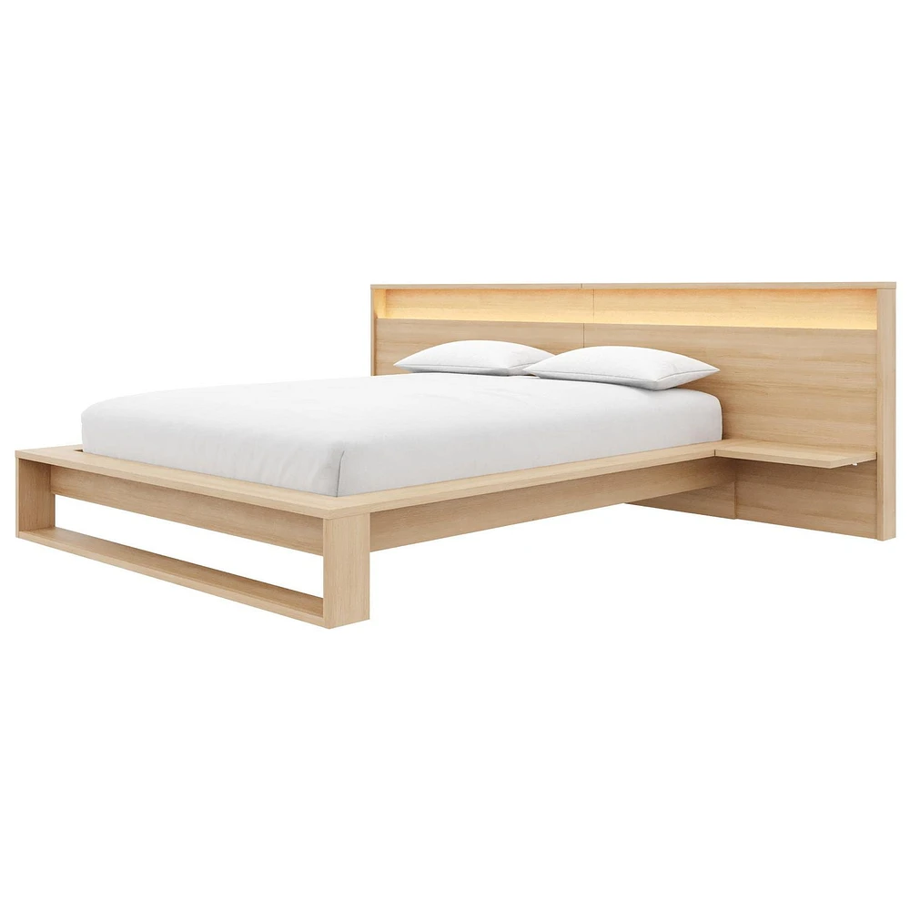 Lido Queen Size Bedroom Set with Slatted Bedframe, Wide Headboard with Lights and Shelves