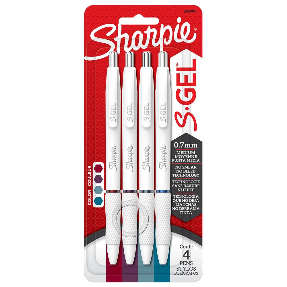 Sharpie S-Gel Pens, Fashion Barrel Gel Pens, Pearl White Body, Medium (0.7mm) Point, Bold Jewel Colour Assortment, 4 Count, S-Gel