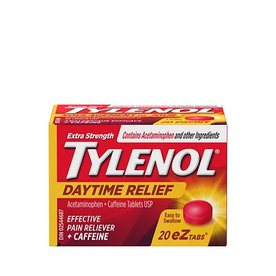 Comprimés Tylenol Extra fort Soulagement de jour, 500 mg d’acétaminophène + 65 mg de caféine, soulagement du mal de tête matinal et de la douleur 20 comprimés