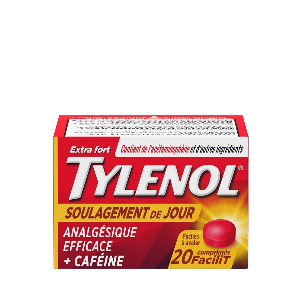 Comprimés Tylenol Extra fort Soulagement de jour, 500 mg d’acétaminophène + 65 mg de caféine, soulagement du mal de tête matinal et de la douleur 20 comprimés