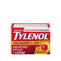 Comprimés Tylenol Extra fort Soulagement de jour, 500 mg d’acétaminophène + 65 mg de caféine, soulagement du mal de tête matinal et de la douleur 20 comprimés