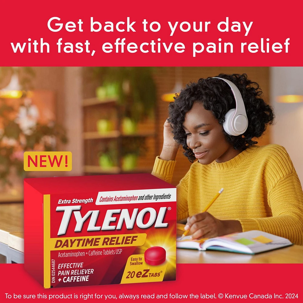 Comprimés Tylenol Extra fort Soulagement de jour, 500 mg d’acétaminophène + 65 mg de caféine, soulagement du mal de tête matinal et de la douleur 20 comprimés