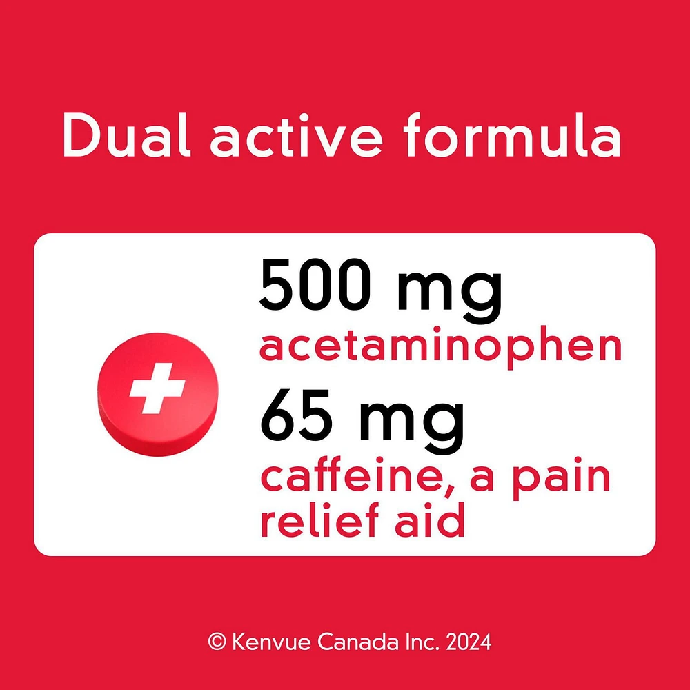 Comprimés Tylenol Extra fort Soulagement de jour, 500 mg d’acétaminophène + 65 mg de caféine, soulagement du mal de tête matinal et de la douleur 20 comprimés