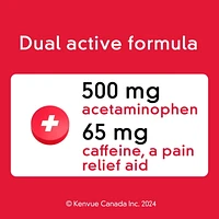 Comprimés Tylenol Extra fort Soulagement de jour, 500 mg d’acétaminophène + 65 mg de caféine, soulagement du mal de tête matinal et de la douleur 20 comprimés