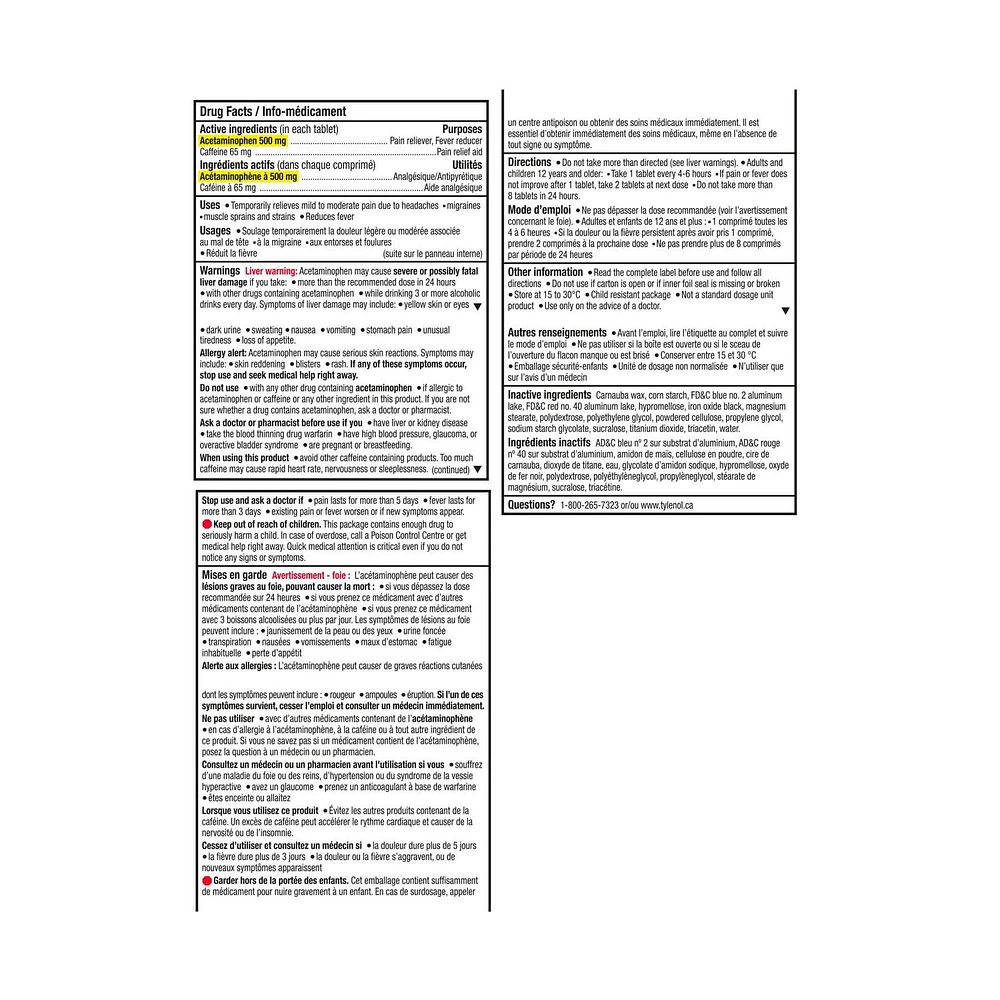 Comprimés Tylenol Extra fort Soulagement de jour, 500 mg d’acétaminophène + 65 mg de caféine, soulagement du mal de tête matinal et de la douleur 20 comprimés