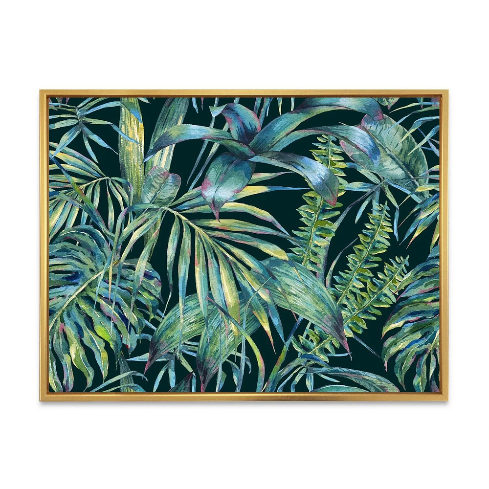 Designart Natural Leaves Exotic On Dark I FLOAT FRAME WALL ART