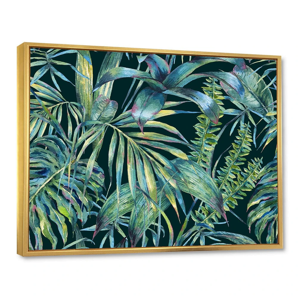 Designart Natural Leaves Exotic On Dark I FLOAT FRAME WALL ART