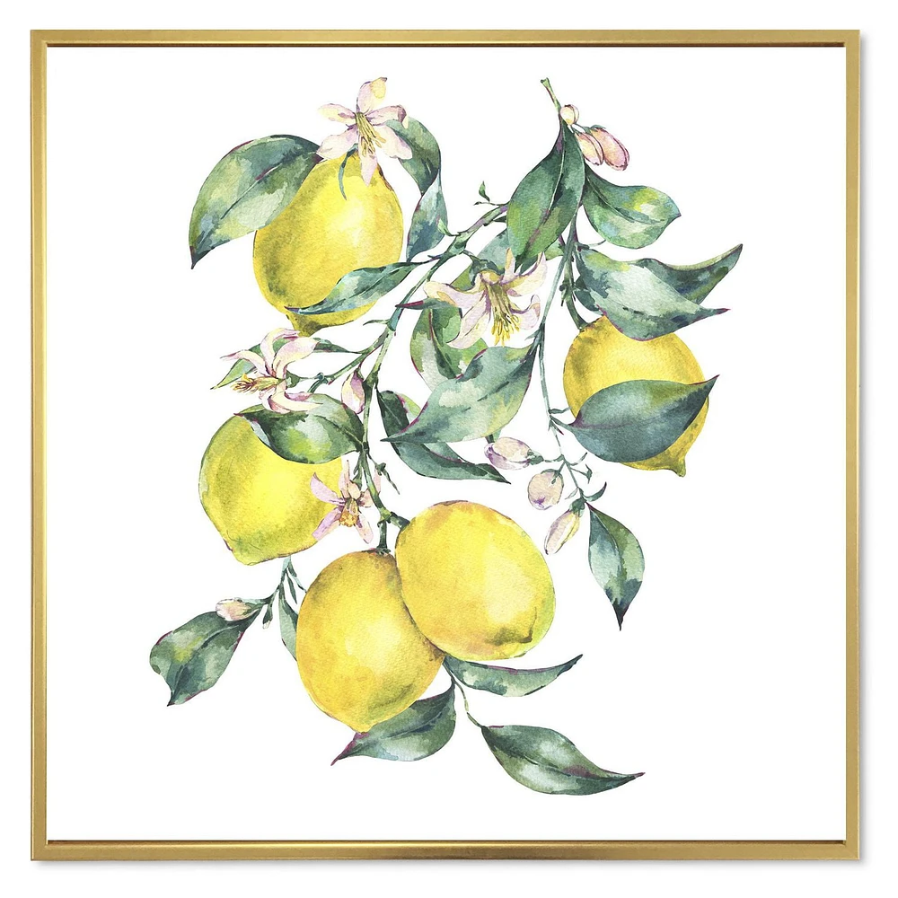 Designart Branch of Yellow Lemons and Leaves I FLOAT FRAME WALL ART