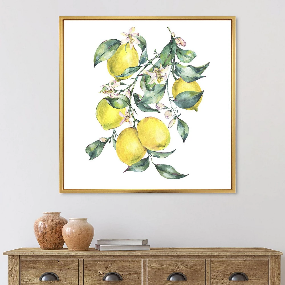 Designart Branch of Yellow Lemons and Leaves I FLOAT FRAME WALL ART