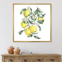 Designart Branch of Yellow Lemons and Leaves I FLOAT FRAME WALL ART