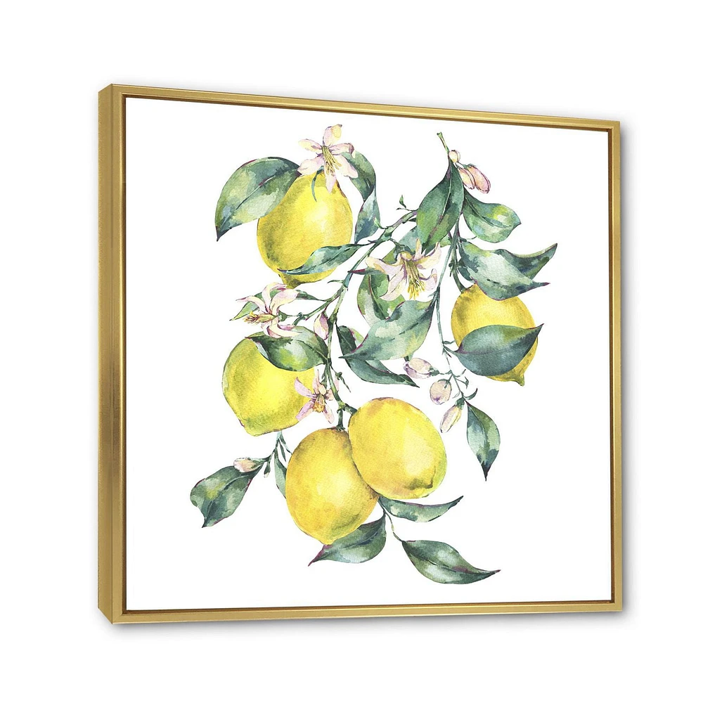 Designart Branch of Yellow Lemons and Leaves I FLOAT FRAME WALL ART