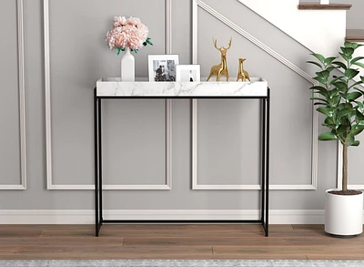 Safdie & Co. Console Table, White Marble Tray Top & Black Metal Legs.