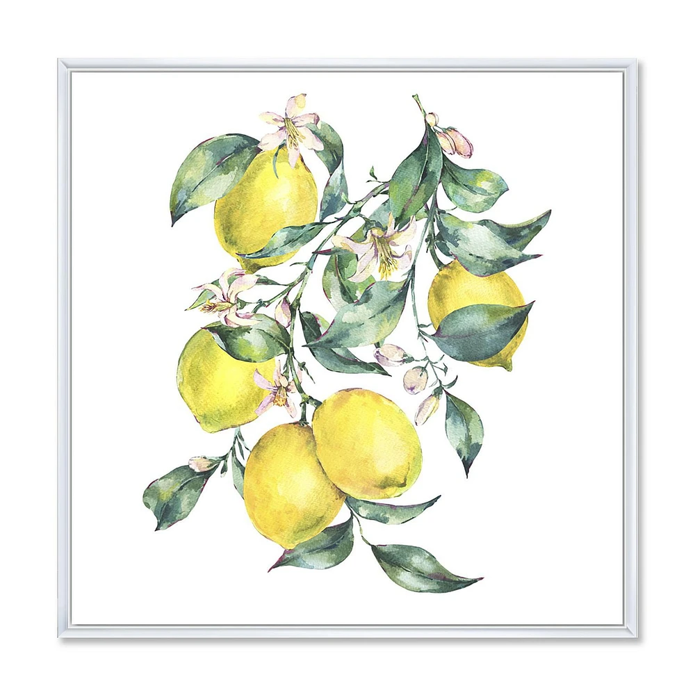 Designart Branch of Yellow Lemons and Leaves I FLOAT FRAME WALL ART