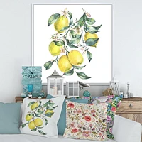 Designart Branch of Yellow Lemons and Leaves I FLOAT FRAME WALL ART