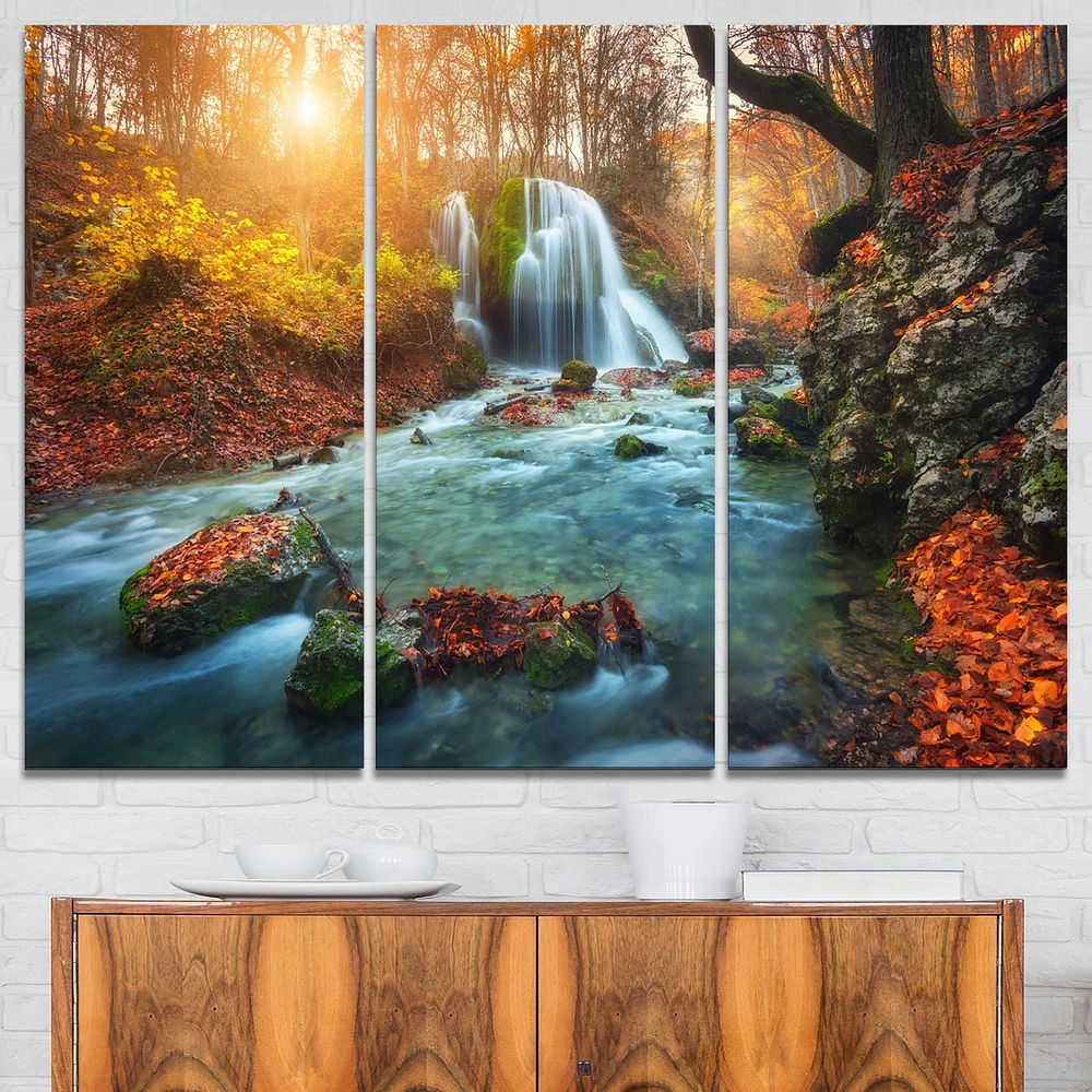 Design Art Fast Flowing Fall River in Forest Landscape Photo Canvas Art Print