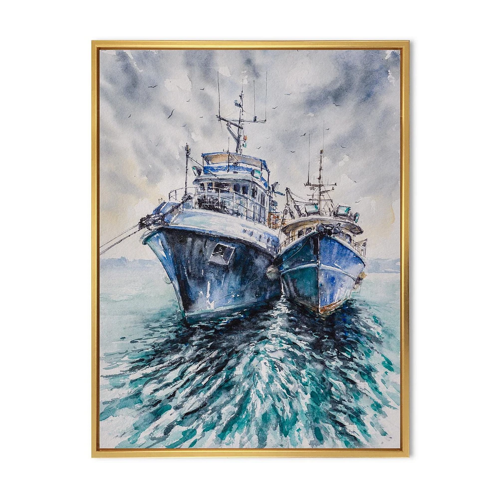 Designart Two Fishing Boats Before A Storm Anchored FLOAT FRAME WALL ART