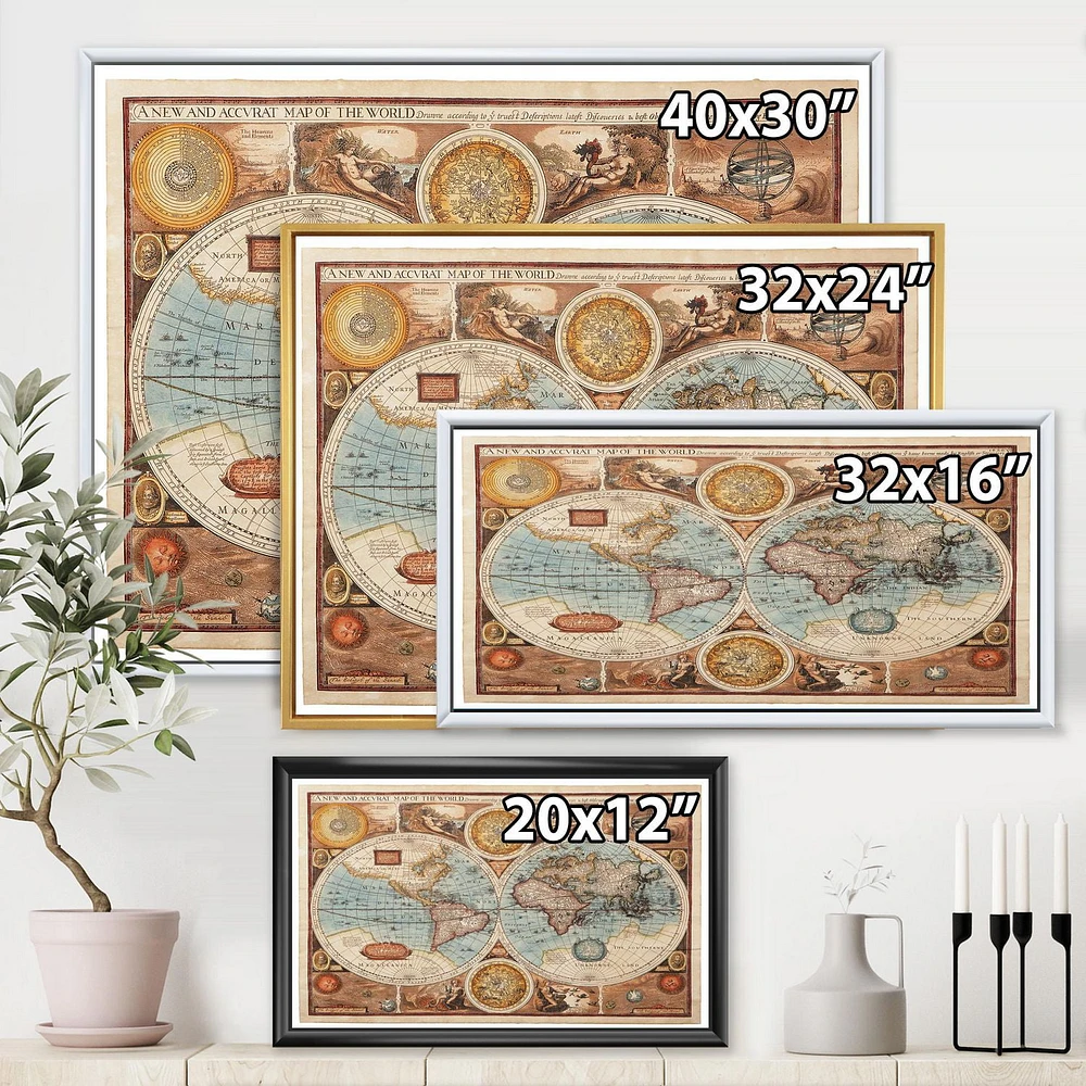 Designart Ancient Map of The World VIII FLOAT FRAME WALL ART