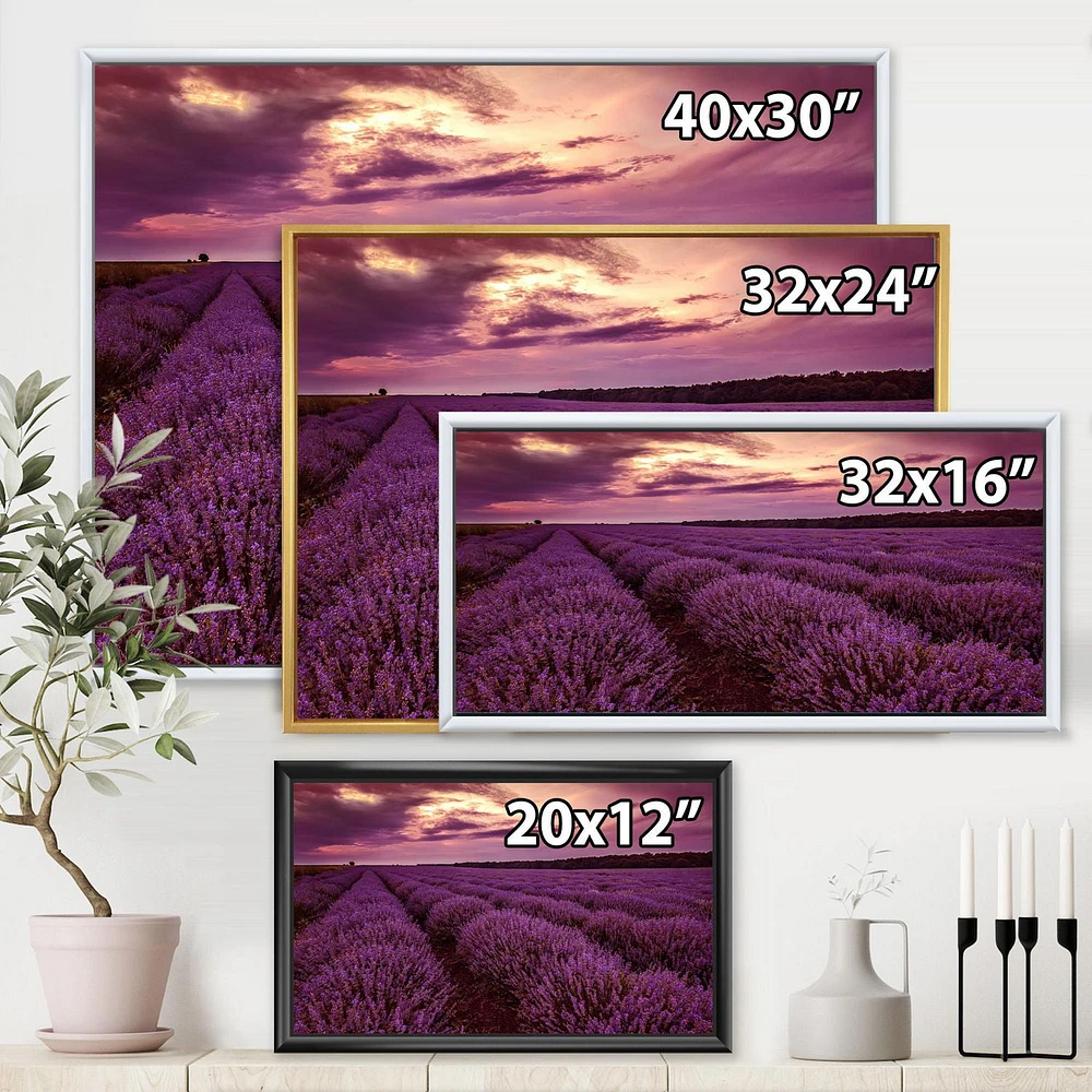 Designart Sunrise & Dramatic Clouds Over Lavender Field III FLOAT FRAME WALL ART