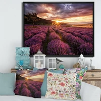 Designart Sunrise & Dramatic Clouds Over Lavender Field IV FLOAT FRAME WALL ART