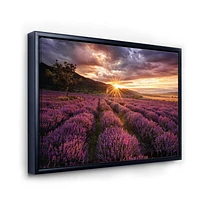 Designart Sunrise & Dramatic Clouds Over Lavender Field IV FLOAT FRAME WALL ART