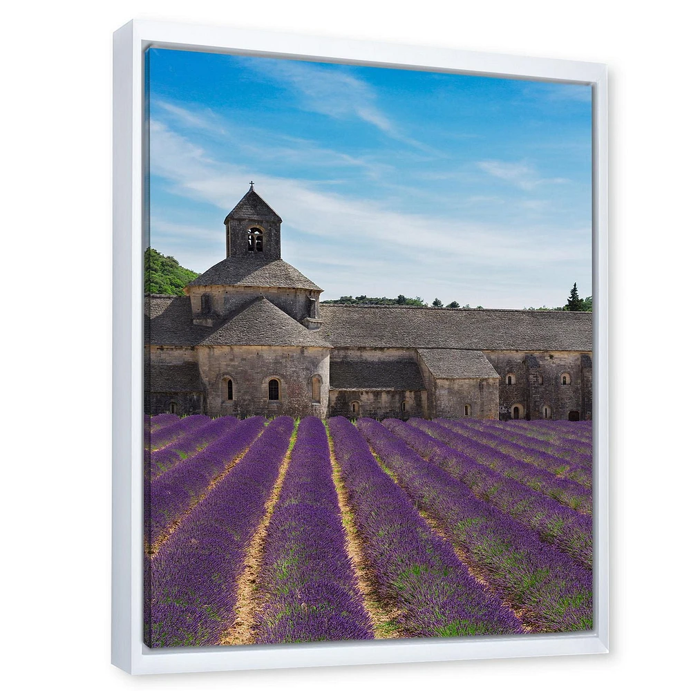 Designart Lavender Field With Abbey In France FLOAT FRAME WALL ART