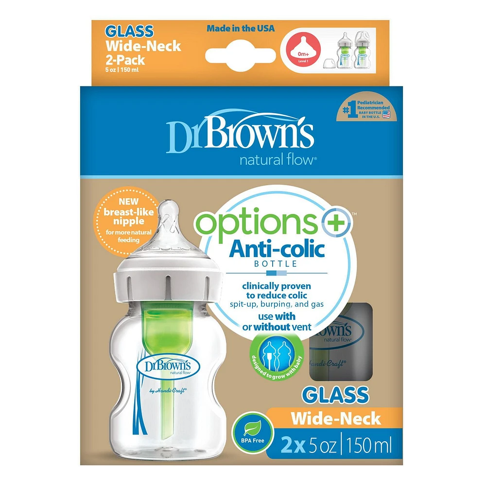 Dr. Brown’s Natural Flow Anti-Colic Options+ Wide-Neck Glass Baby Bottle 5oz/150mL, with Level 1 Slow Flow Nipple, 0m+, 2-Pack