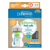 Dr. Brown’s Natural Flow Anti-Colic Options+ Wide-Neck Glass Baby Bottle 5oz/150mL, with Level 1 Slow Flow Nipple, 0m+, 2-Pack