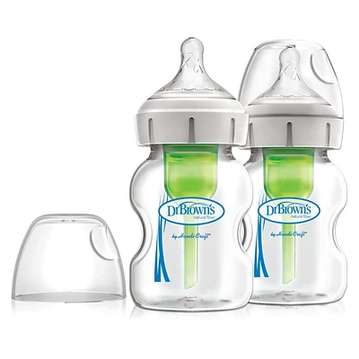 Dr. Brown’s Natural Flow Anti-Colic Options+ Wide-Neck Glass Baby Bottle 5oz/150mL, with Level 1 Slow Flow Nipple, 0m+, 2-Pack